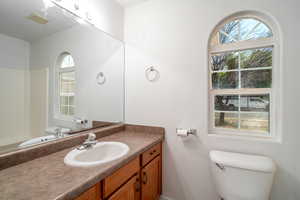 Bathroom with plenty of natural light, vanity, and shower / tub combination
