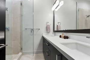 En Suite Bathroom with a stall shower, contemporary cabinets and double vanity