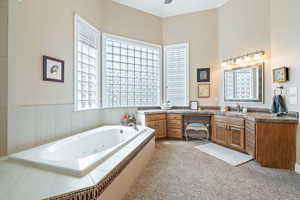 Full bathroom featuring light carpet, a whirlpool tub, vanity, and wainscoting