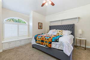 Bedroom with carpet flooring and ceiling fan