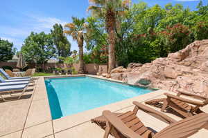 View of pool with a patio and a fenced backyard