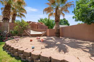 Fenced backyard featuring a patio