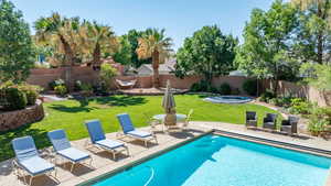 View of pool featuring a patio area and a fenced backyard