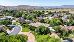 Aerial view of residential area with mountains