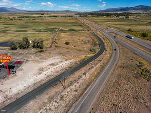 Aerial view of sparsely populated area with mountains