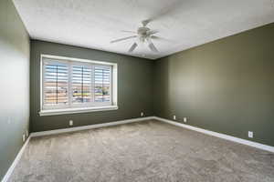 Empty room with carpet floors, a textured ceiling, and ceiling fan