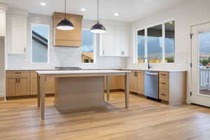 Kitchen with backsplash, plenty of natural light, light wood-style flooring, stainless steel dishwasher, and recessed lighting