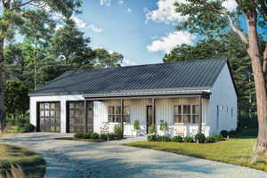 Modern farmhouse with covered porch, gravel driveway, a metal roof, and board and batten siding