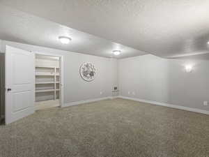 Basement featuring light colored carpet and a textured ceiling