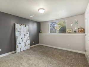Unfurnished room with carpet and a textured ceiling