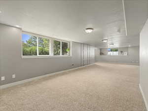 Spare room featuring carpet and a textured ceiling