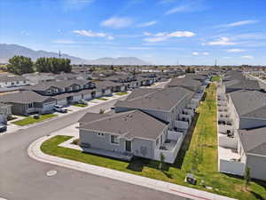 Aerial view of residential area with mountains