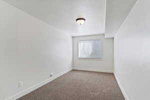 Empty room with light colored carpet and a textured ceiling