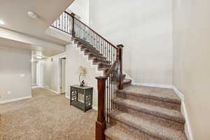 Stairs featuring carpet and a towering ceiling