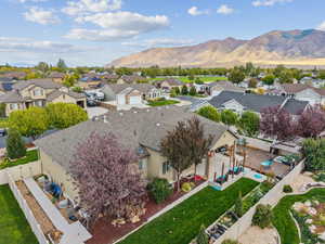 Aerial view of residential area with a mountainous background