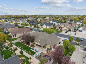 Aerial view of residential area featuring mountains