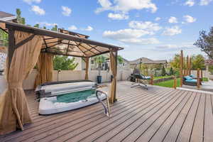 Wooden deck featuring a fenced backyard and a gazebo