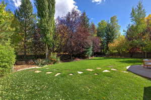 Fenced backyard with view of scattered trees