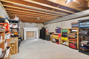 Unfinished basement with a fireplace