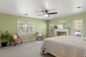 Primary bedroom with with seating area and fireplace