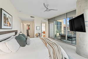 Carpeted bedroom featuring access to outside, ceiling fan, a walk in closet, and expansive windows