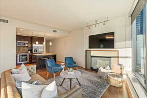 Living room featuring light wood-type flooring, a tiled fireplace, and rail lighting