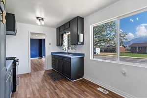 Kitchen featuring black range oven, dark wood-style flooring, a mountain view, and dark cabinetry