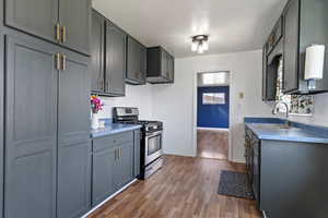Kitchen with stainless steel gas stove, light wood-style flooring, and gray cabinets