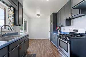 Kitchen featuring stainless steel gas stove, dark wood-type flooring, and dark countertops