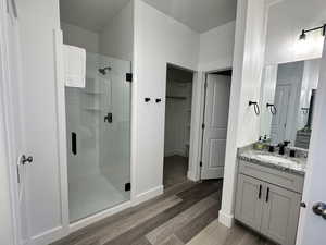 Bathroom with a stall shower, vanity, dark wood finished floors, and a spacious closet