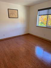 Spare room featuring wood finished floors and baseboards