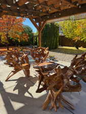 Fenced backyard featuring a patio and ceiling fan
