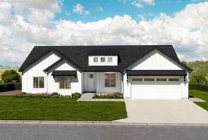 Modern farmhouse with roof with shingles, a front lawn, and board and batten siding