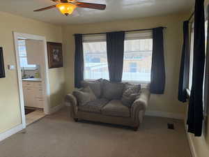 Living area featuring light colored carpet, plenty of natural light, and ceiling fan