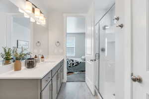 Ensuite bathroom featuring vanity and a shower stall