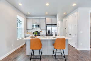 Kitchen with gray cabinets, stainless steel appliances, recessed lighting, and an kitchen island with sink
