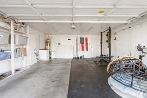 Garage with secured water heater and a garage door opener