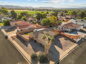 Aerial view of residential area with a mountain backdrop