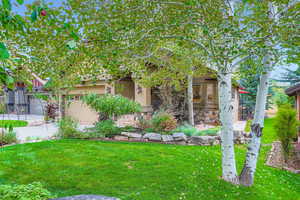 View of front facade with a front yard and stone siding