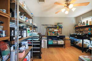 Storage room featuring a ceiling fan