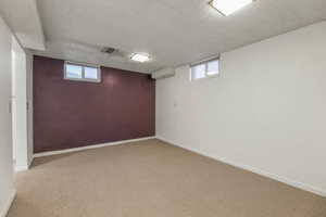 Below grade area with carpet flooring, a textured ceiling, and plenty of natural light