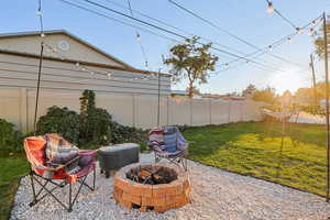 Fenced backyard featuring a patio