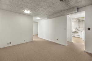 Below grade area with light carpet and separate washer and dryer