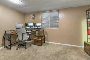 Office space with a textured ceiling and light colored carpet