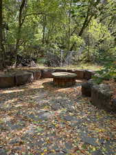Outdoor gas fireplace near the stream
