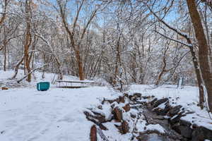 View of snowy yard with a stream