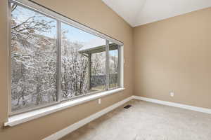 View from the primary bedroom with light colored carpet and lofted ceiling