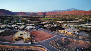 Aerial view of residential area with a mountain backdrop