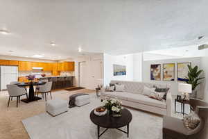 Living room with light carpet and a textured ceiling