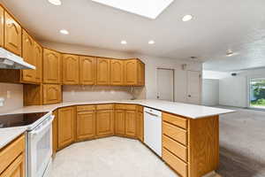 Kitchen featuring white appliances, light colored carpet, a peninsula, a skylight, and open floor plan